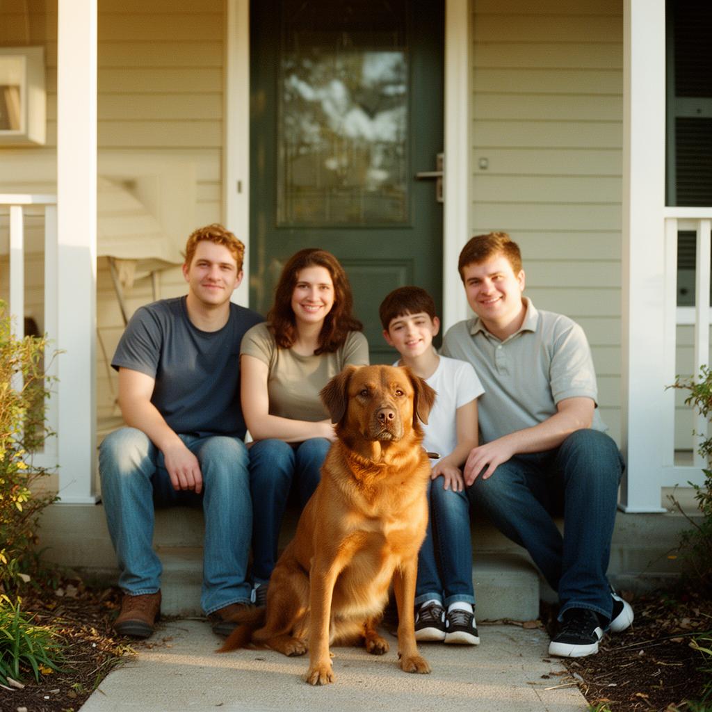 Una familia con su perro tranquilo en el porche de casa