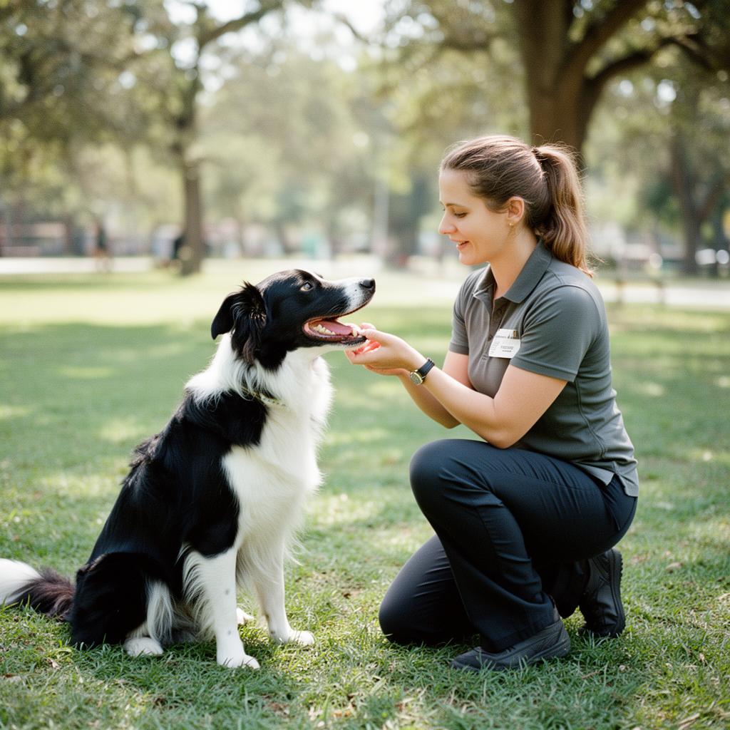 Entrenadora principal trabajando con un border collie en un parque